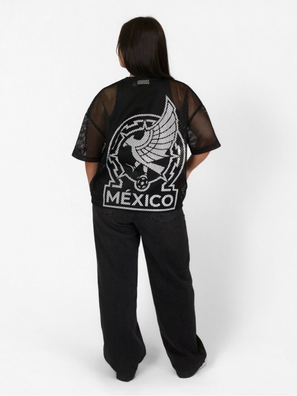 Black Mexico Mesh Graphic Tee with White Eagle Print - Picture 3 of 5